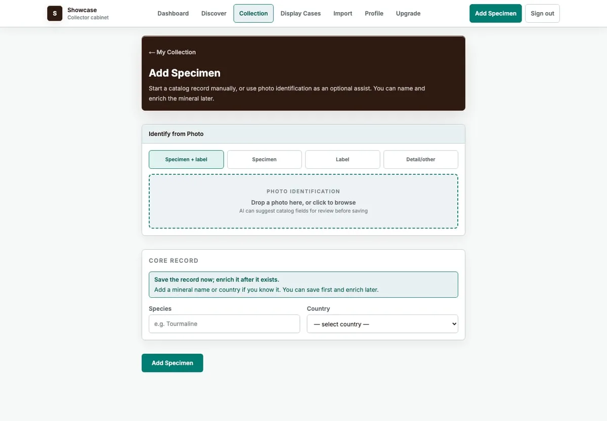 Showcase Add Specimen screen with photo and label identification.