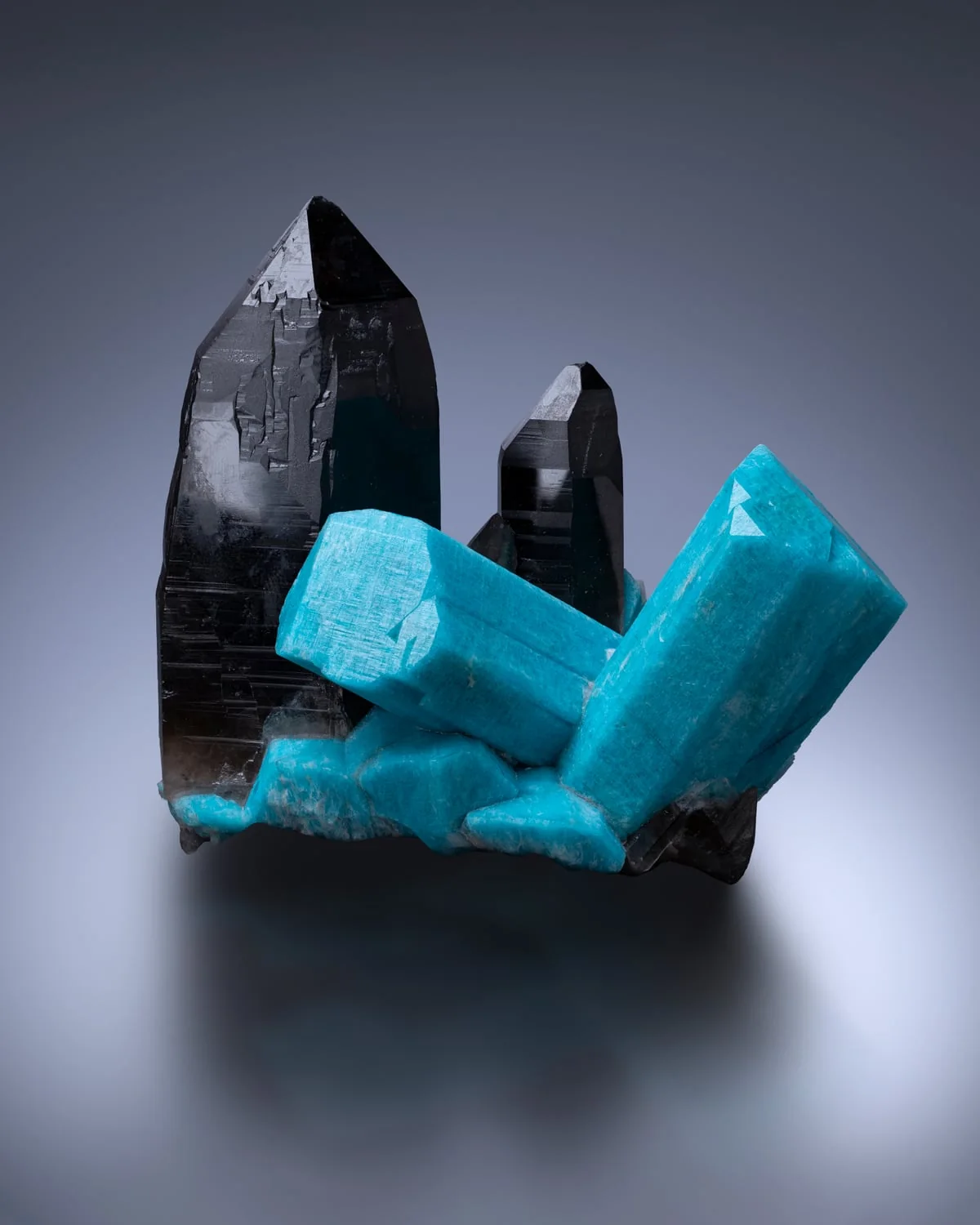 Amazonite and smoky quartz specimen beside a catalog label.